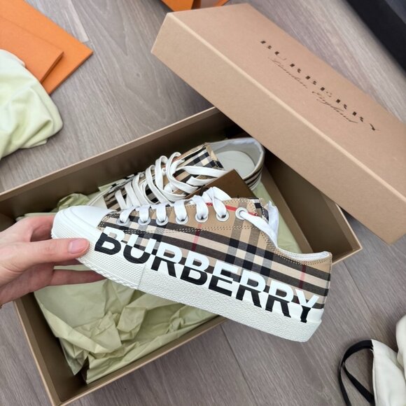 Burberry Beige and Red Check Sneakers - Picture 1 of 3